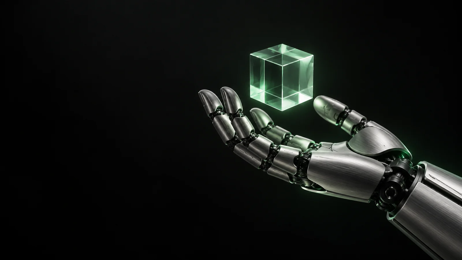 Ilustración conceptual de una mano robótica sosteniendo un cubo de vidrio verde