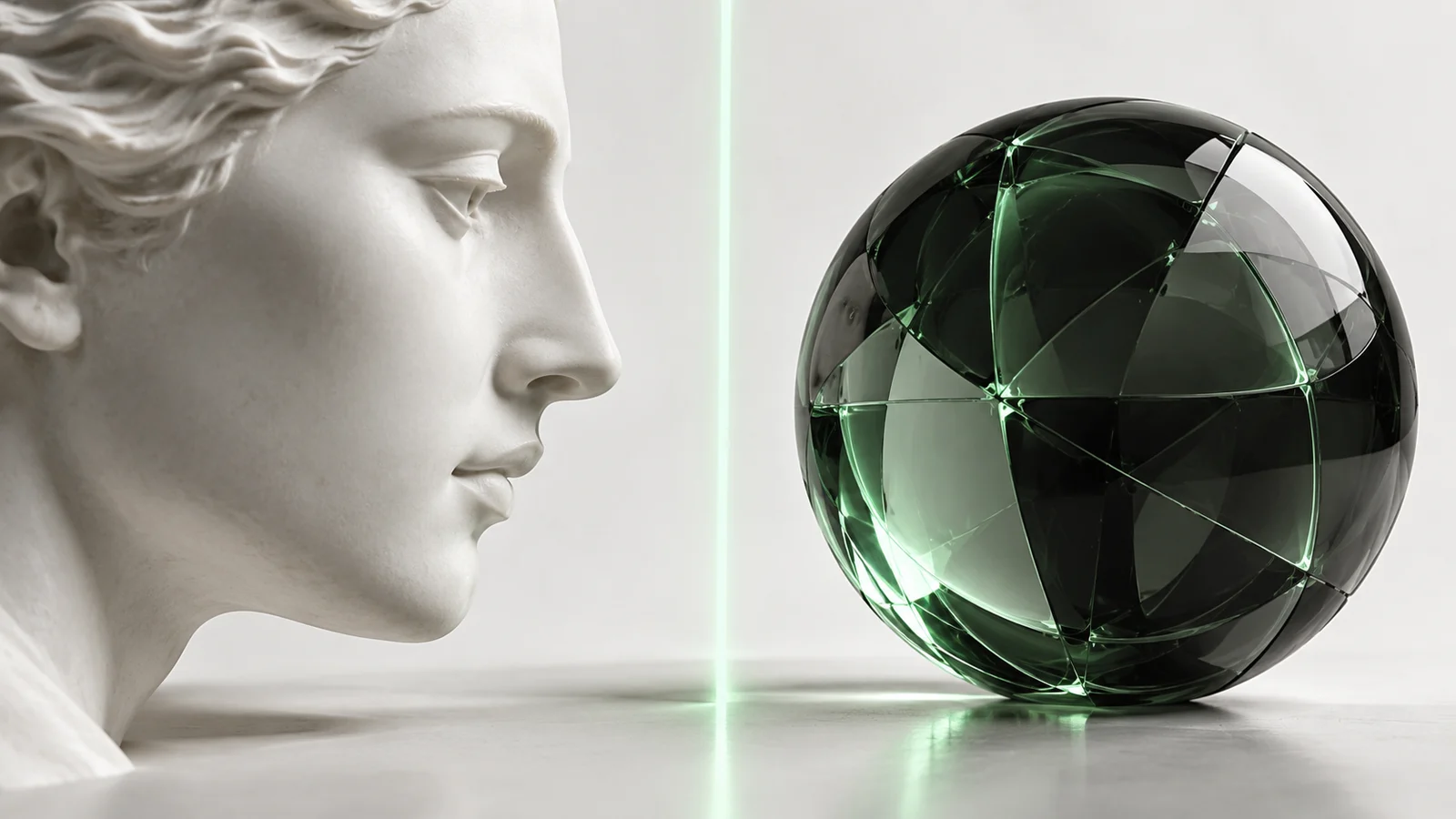 Ilustración conceptual de un rostro humano frente a una esfera de vidrio oscuro